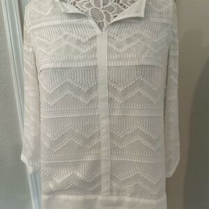 Chico's Women's White Sheer Jacquard Tunic Blouse 3/4 Sleeve